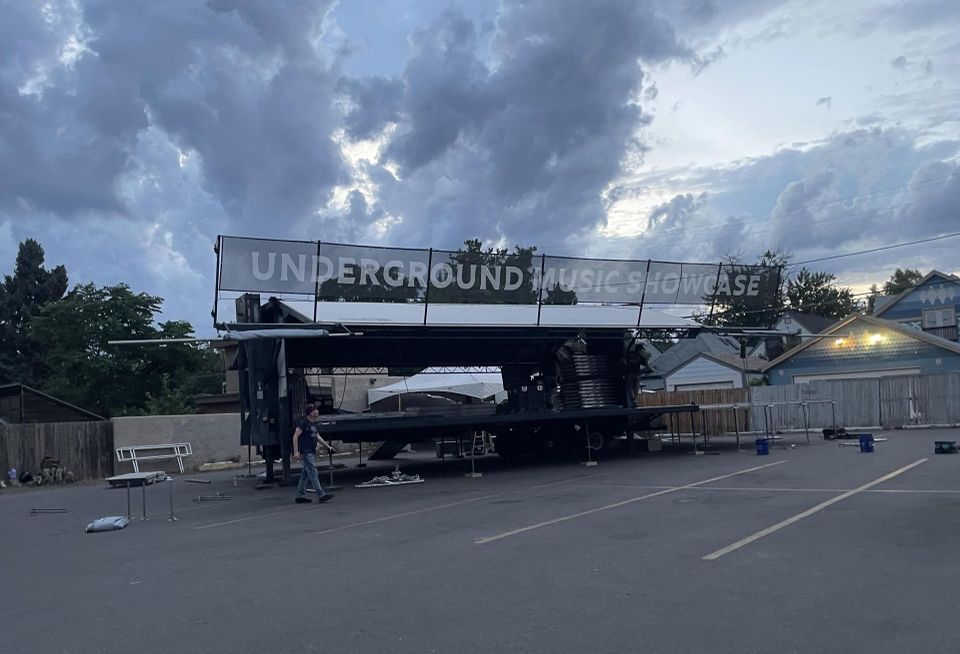 A photograph of the main UMS stage being built on the grounds of Goodwill on West Archer Place on Thursday, July 24.