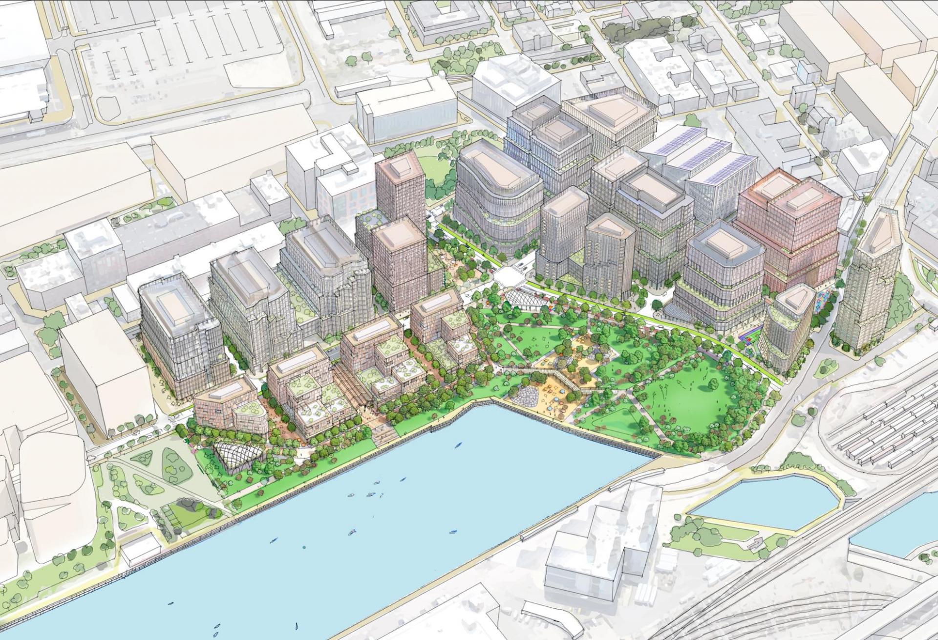An aerial rendering of Procter & Gamble's 31-acre redevelopment in South Boston.