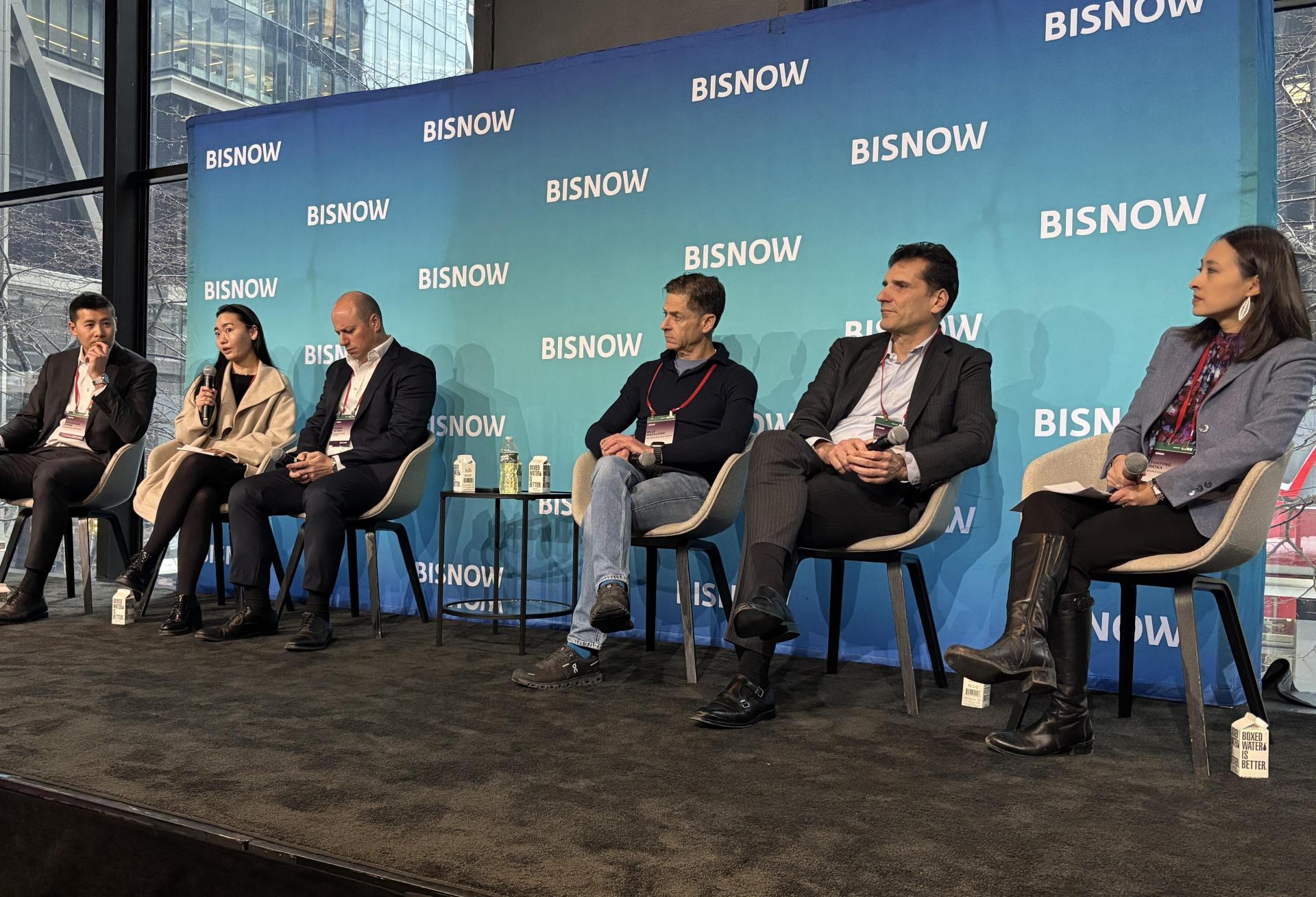 Silverstein Properties' Jonathan Hong, GFP Real Estate's Alice Chen, Arrow Real Estate Advisors' Morris Betesh, William Macklowe Company's Billy Macklowe, Yellowstone Real Estate Investments's Issac Hera and Adler & Stachenfeld's YuhTyng Patka onstage at Bisnow's 2026 New York Conversions and Building Upgrades conference.