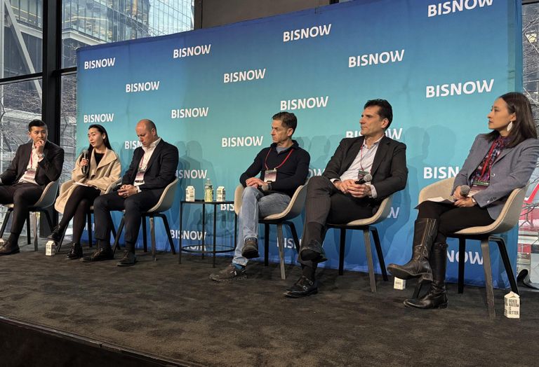 Silverstein Properties' Jonathan Hong, GFP Real Estate's Alice Chen, Arrow Real Estate Advisors' Morris Betesh, William Macklowe Company's Billy Macklowe, Yellowstone Real Estate Investments's Issac Hera and Adler & Stachenfeld's YuhTyng Patka onstage at Bisnow's 2026 New York Conversions and Building Upgrades conference.