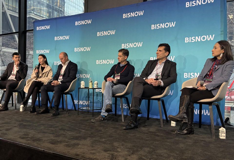 Silverstein Properties' Jonathan Hong, GFP Real Estate's Alice Chen, Arrow Real Estate Advisors' Morris Betesh, William Macklowe Company's Billy Macklowe, Yellowstone Real Estate Investments's Issac Hera and Adler & Stachenfeld's YuhTyng Patka onstage at Bisnow's 2026 New York Conversions and Building Upgrades conference.