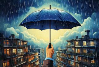 Firefly-Hand holding umbrella over apartment complex as a storm brews.