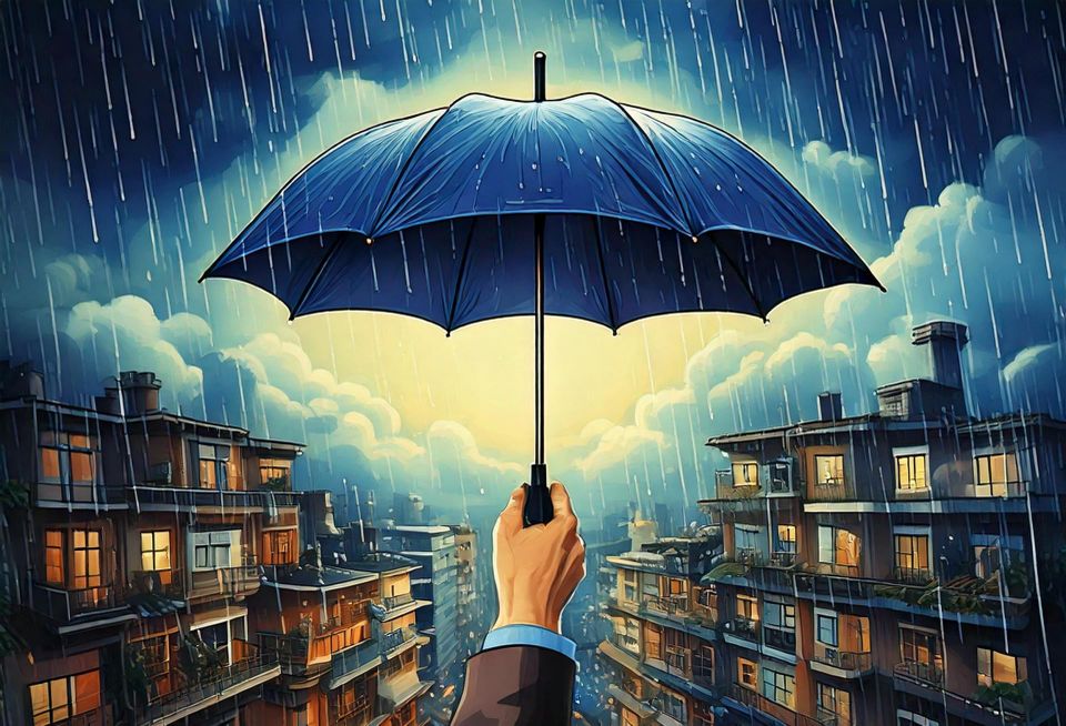 Firefly-Hand holding umbrella over apartment complex as a storm brews.