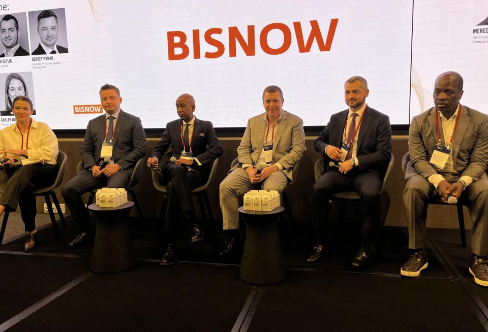 Adler & Stachenfeld's Ashley Doukas, Rybak Development's Sergey Rybak, Asland Capital Partners' James Simmons, Ariel Property Advisors' Michael Tortorici, MGNY's Yuri Geylik and BRP Cos.' Meredith Marshall onstage at Bisnow's 2026 New York Multifamily Development and Investment Conference.