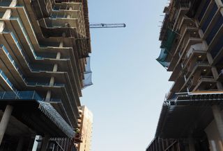 Construction at Metropolitan Park, the two-tower office complex comprising the first phase of Amazon's HQ2, on Nov. 17, 2021.