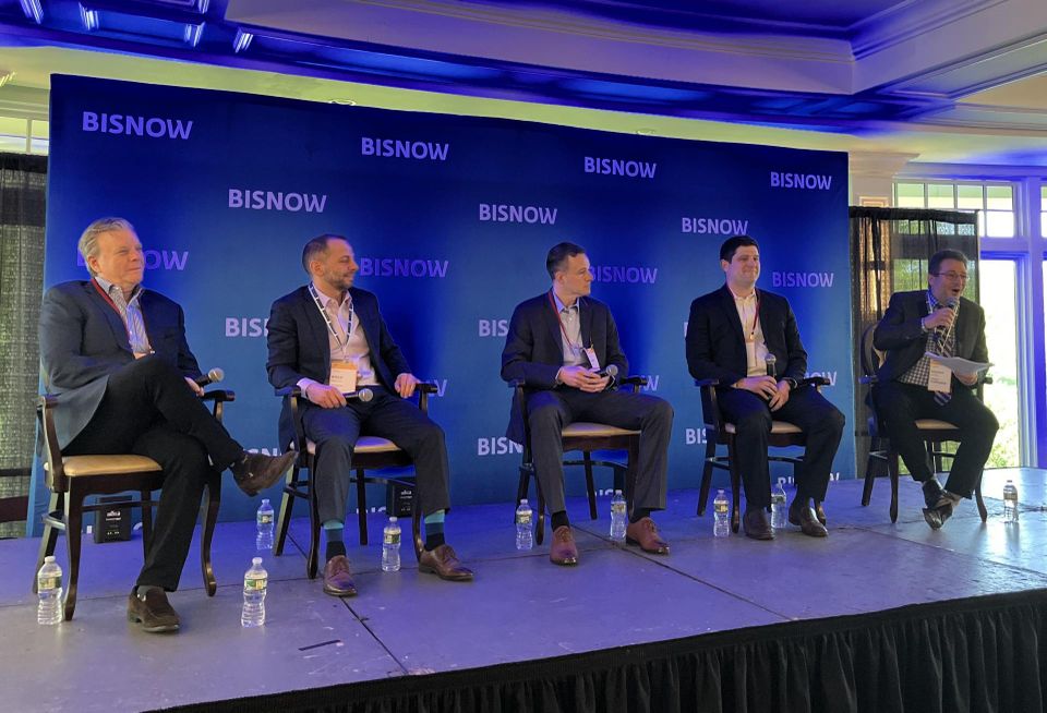 Paredim Partners' David Parisier, Titanium Realty Group's Diego Hodara, Toll Brothers' Bryan Oos, JLL Capital Markets Americas' Steve Simonelli and Citrin Cooperman's Vincent Altieri onstage at Bisnow's 2024 Westchester State Of The Market event.