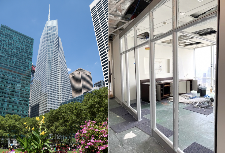 The exterior of the Durst Organization's One Bryant Park, and the interior after demo crews had removed the glass from a meeting room.