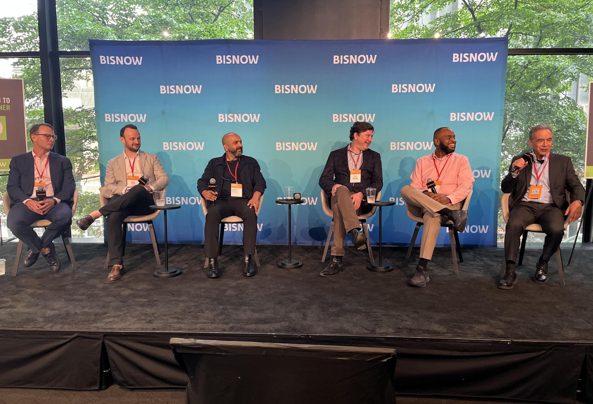 Phipps Houses' Kelly Biscuso, Stantec's Daniel Cohen, Fogarty Finger's Harshad Pillai, Fairstead's Seth Hoffman, New York City Housing Partnership's Jamie Smarr and Adler & Stachenfeld's Alvin Schein onstage at Bisnow's 2026 New York Affordable Housing Conference.