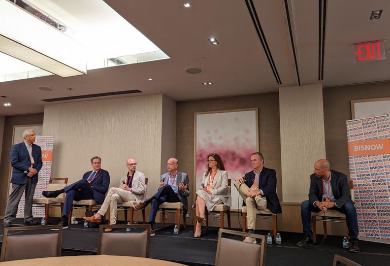 365 Data Centers CEO Bob DeSantis speaks at Bisnow's DICE Northeast even. Also on the panel: (from left) moderator Joe Suppers of NodeCom, Jeffrey Moerdler of Mitz, Daniel English of Legacy Investing, Rhonda Ascierto of Uptime Institute, Tom Brown of Hudson Interxchange, and Phillip Koblence of NYI