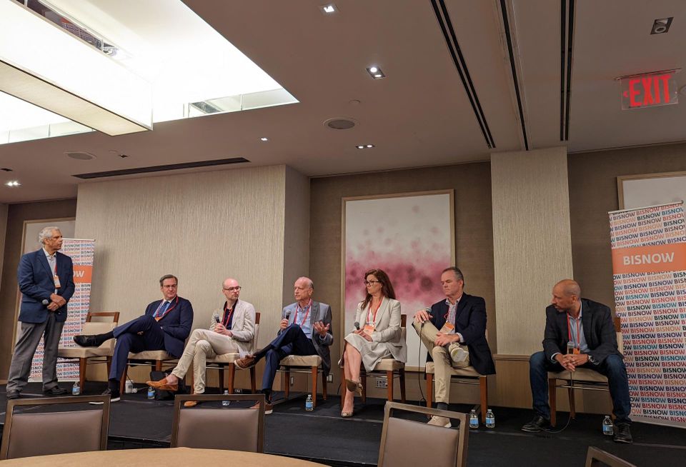 365 Data Centers CEO Bob DeSantis speaks at Bisnow's DICE Northeast even. Also on the panel: (from left) moderator Joe Suppers of NodeCom, Jeffrey Moerdler of Mitz, Daniel English of Legacy Investing, Rhonda Ascierto of Uptime Institute, Tom Brown of Hudson Interxchange, and Phillip Koblence of NYI