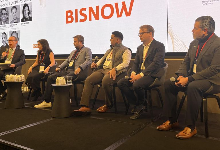 Belkin Burden's Martin Heistein, KPF's Rebecca Gromet, Charney Cos.' Andrew Steiker-Epstein, Slate Property Management's Kurt Latchman, Kushner Cos.' Ben Curtiss, and FirstService Residential's Jaime Sanmiguel onstage at Bisnow's 2026 New York Multifamily Development and Investment Conference.