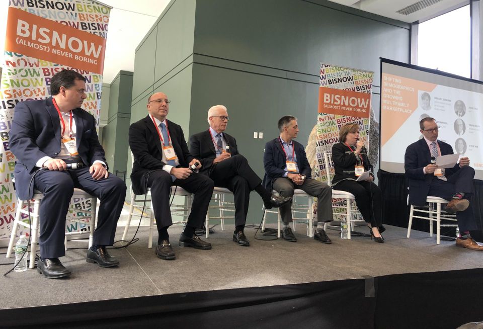 Belpoint REIT's Paxton Kinol, HFF's Jose Cruz, Newmark Knight Frank's Kevin Welsh, The Cappelli Organization's Bruce Berg, Westchester Office of Economic Development's Bridget Gibbons and RSM's Steve Kirn speak at the Westchester and Fairfield State of the Market event May 7, 2019.