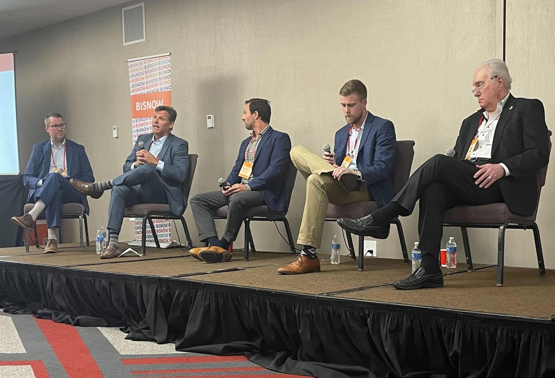 BMO Harris Bank's Shawn Oden, Cresa's Jeff Hartsook, Seagis Property Group's Bradlee Lord, ARCO/Murray's Buster Sheridan and TCRE's Mike Moore speak at Bisnow's South Florida industrial event Oct. 27, 2022.

