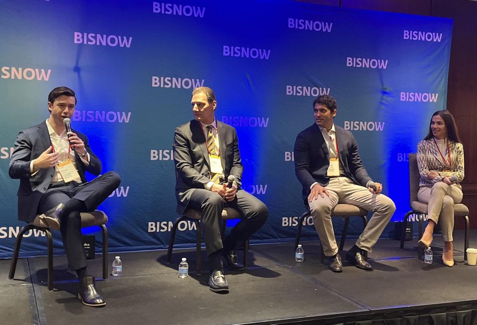 Colliers Capital Markets' Dylan Kane, RXR's Michael Maturo, Affinius Capital's Samir Tejpaul and Midwood Investment & Development's Teodora Zobel onstage at Bisnow's 2024 New York Forecast event.