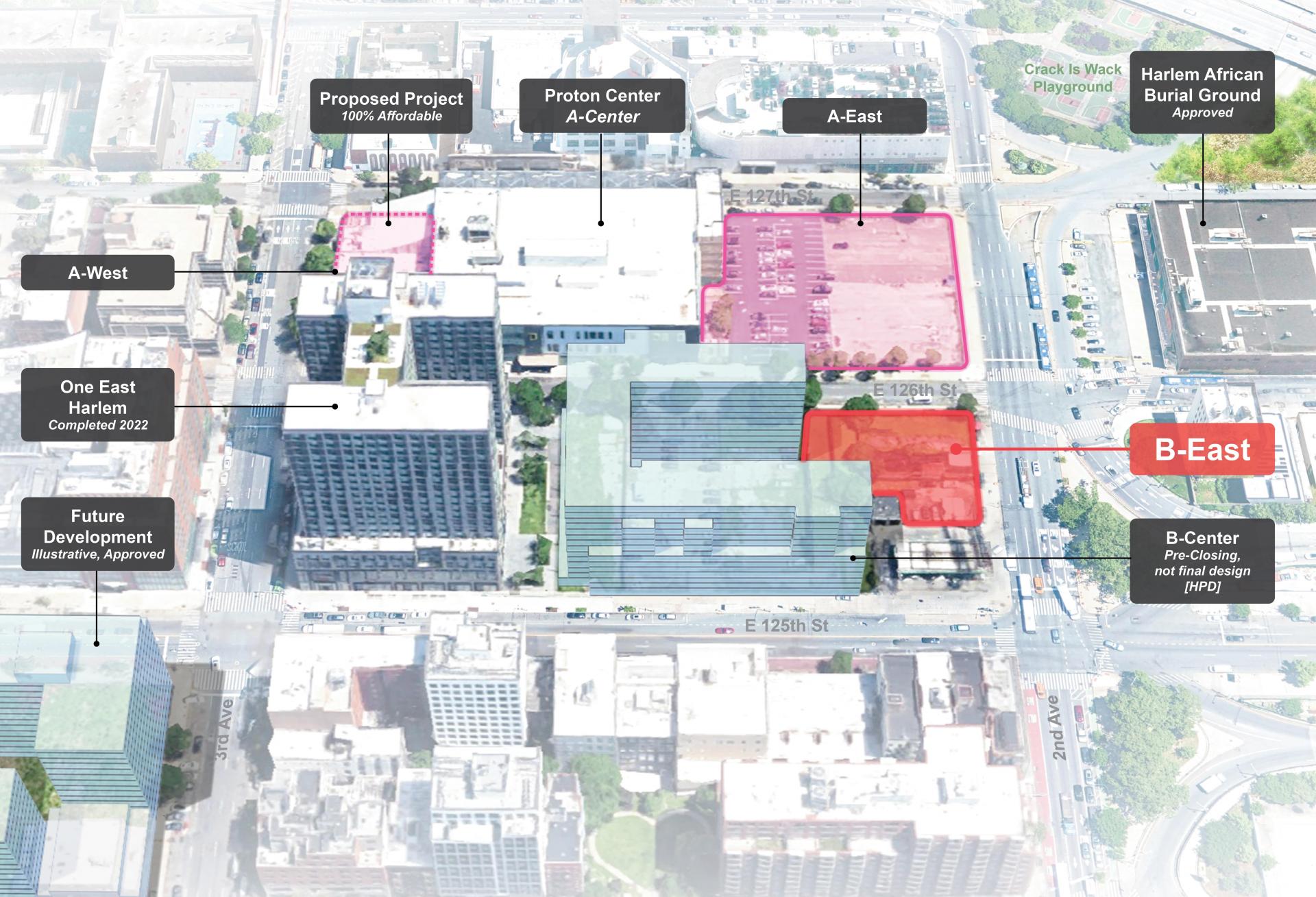 An aerial sketch of the East Harlem properties that have been redeveloped since the 2008 rezoning and the three sites that the NYC EDC hopes to develop in the coming years.