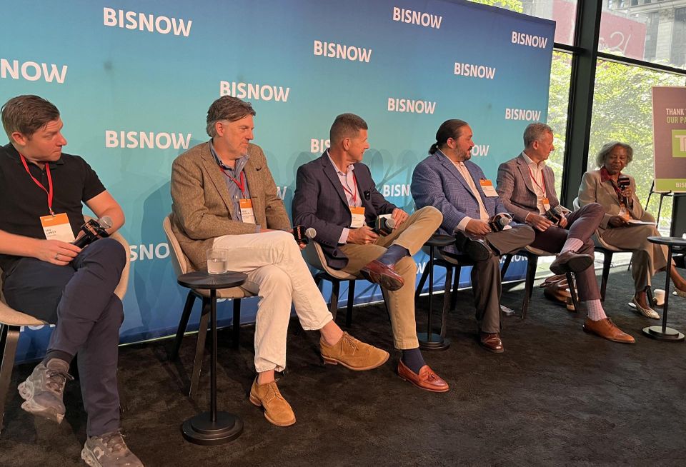 MSquared's Ian Lundy, Magnusson Architecture and Planning's Brian Loughlin, Callahan Construction's David Morrow, The Community Builders' Jesse Batus, VHB's David Quart and Fried Frank's Anita Laremont onstage at Bisnow's 2026 New York Affordable Housing Conference.
