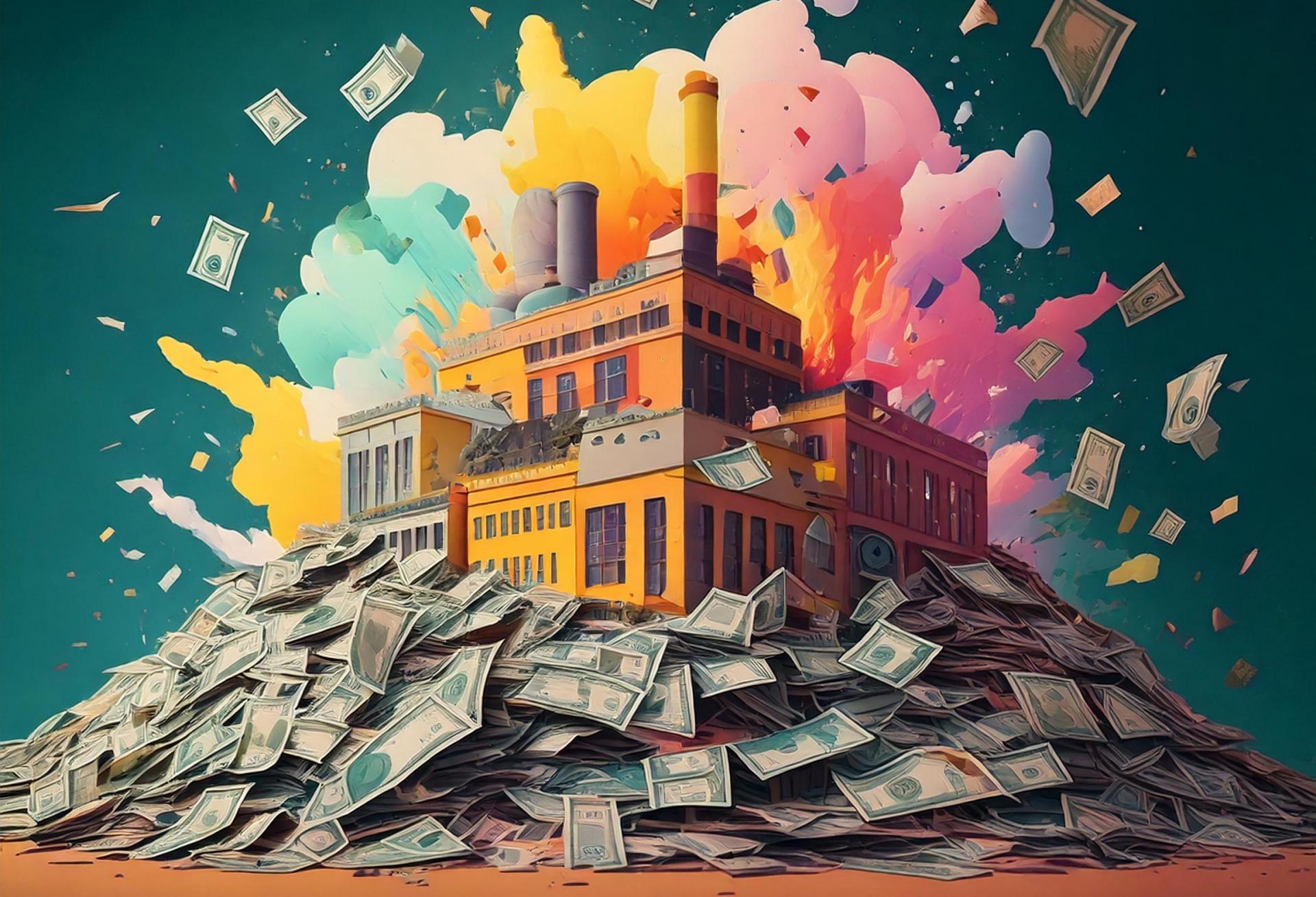 Factory coming out of a pile of money