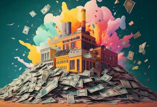 Factory coming out of a pile of money