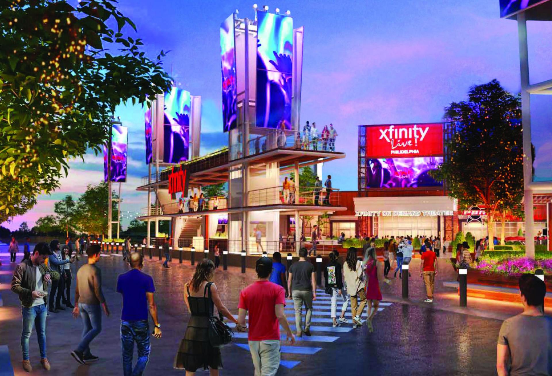 A rendering of what the renovated Xfinity Live! outdoor area might look like. Construction is set to complete by 2026.