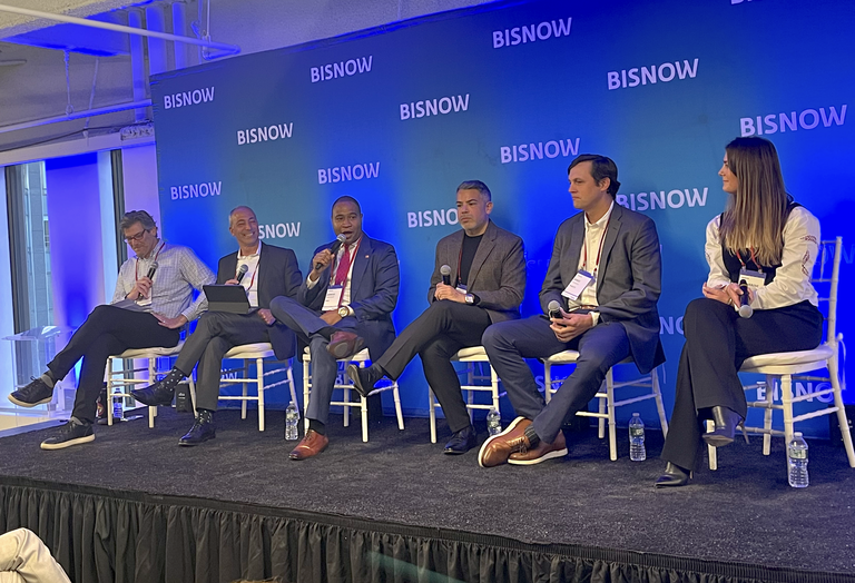 Andrena's Michael Weiss, Rose Associates' Scott Marino, RXR's Jarrod Whitaker, FirstService Residential's Jaime Sanmiguel, Parity's James Hannah and Bozzuto's Catherine Siegel at Bisnow's New York Multifamily Development, Asset Management & Operations event Oct. 9.