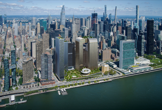A rendering of The Soloviev Group's Freedom Plaza casino proposal, with a partially underground casino, public space and two residential towers among other features.