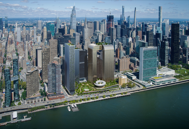 A rendering of The Soloviev Group's Freedom Plaza casino proposal, with a partially underground casino, public space and two residential towers among other features.