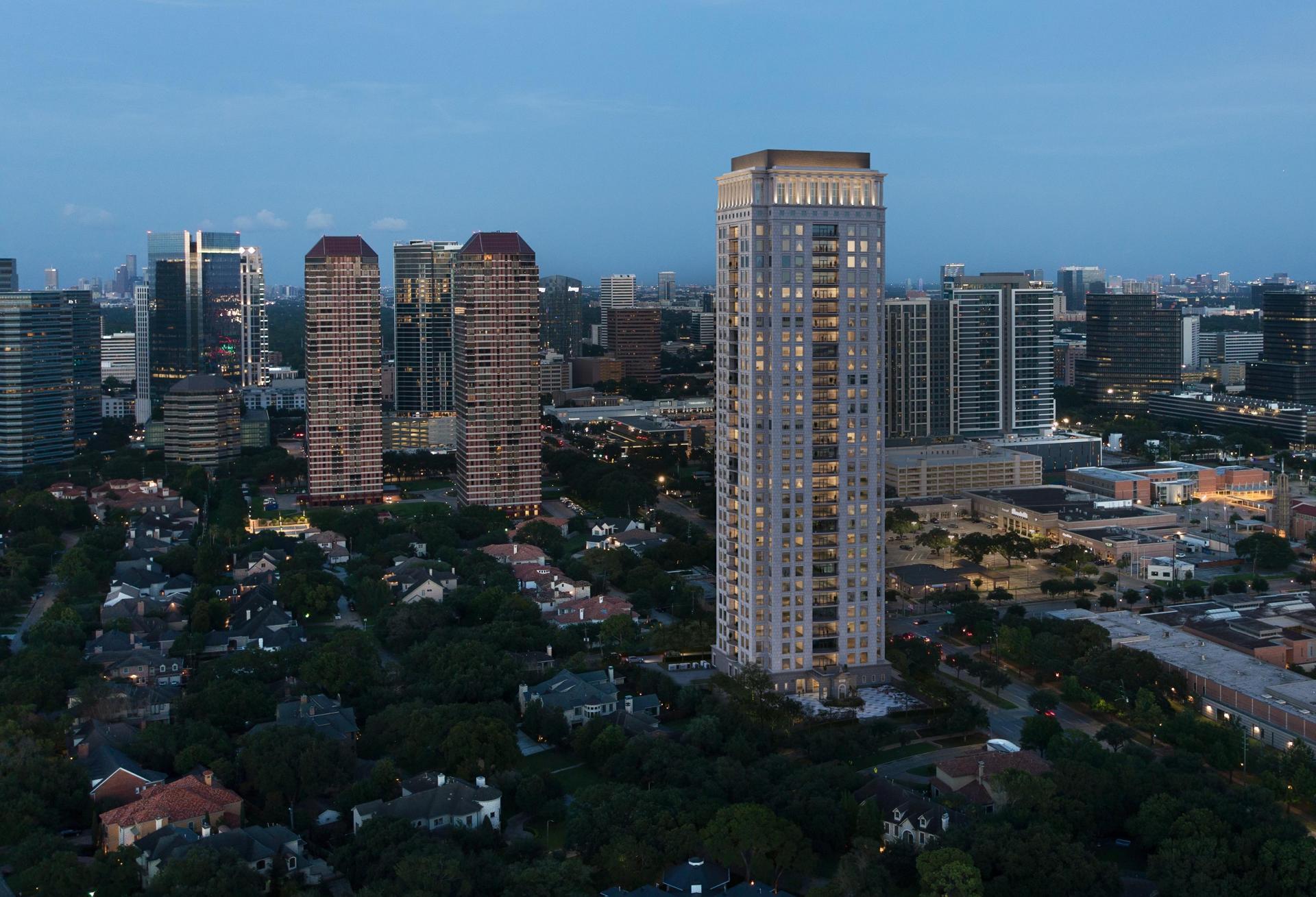 A rendering of 1661 Tanglewood Blvd., a 33-story high-rise residential tower in the Tanglewood subdivision of Houston.