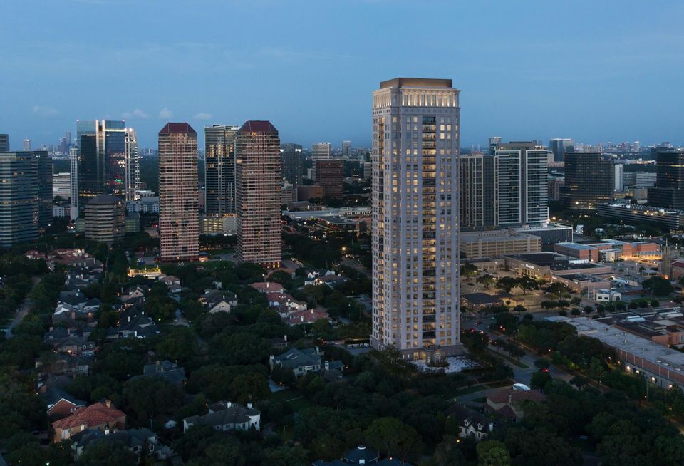 A rendering of 1661 Tanglewood Blvd., a 33-story high-rise residential tower in the Tanglewood subdivision of Houston.