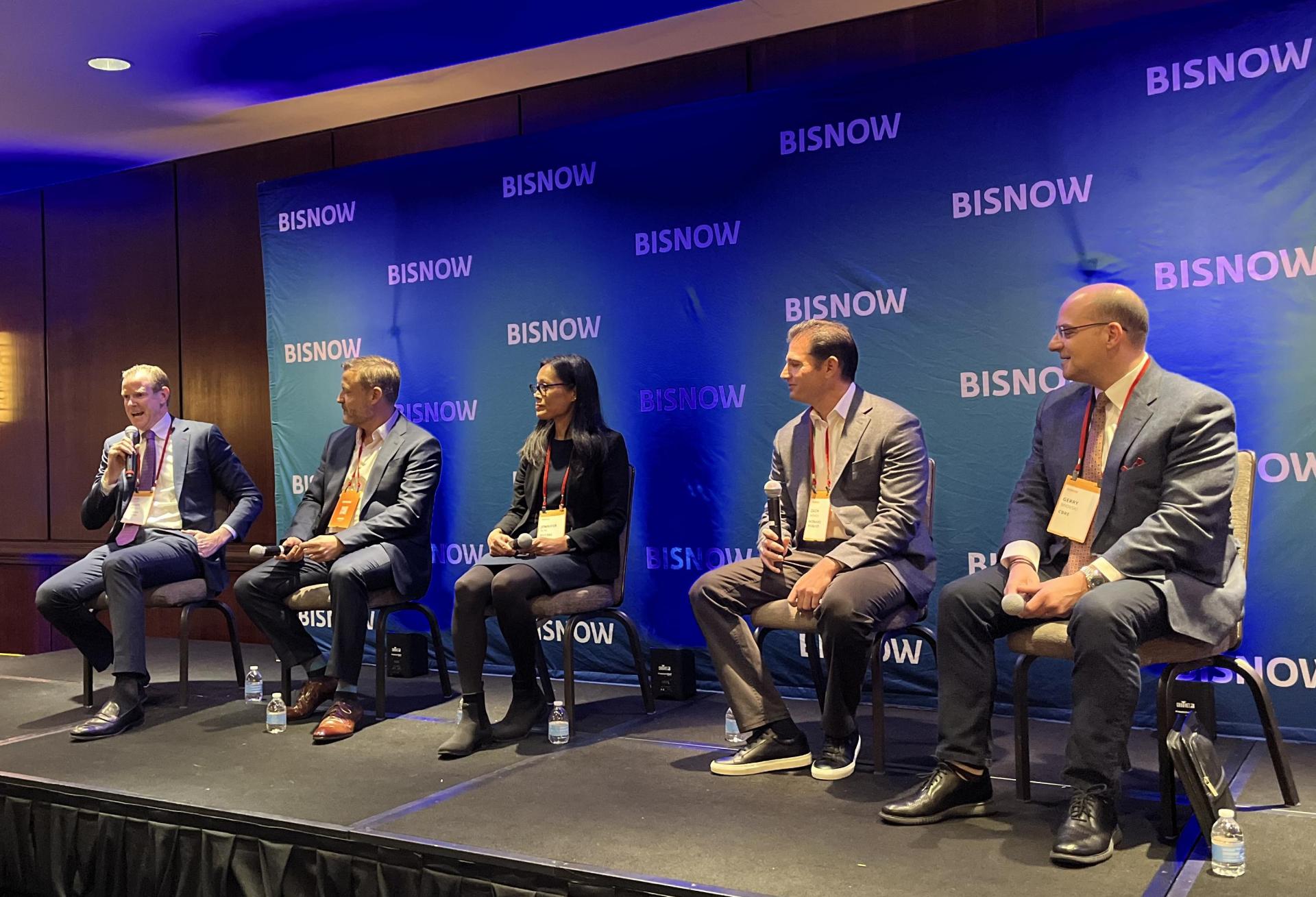 Avison Young's James Nelson, L&L Holding Co.'s David Orowitz, NYCEDC's Jennifer Sun, Howard Hughes' Zach Winick and CBRE's Gerry Miovski onstage at Bisnow's 2024 New York Forecast event.