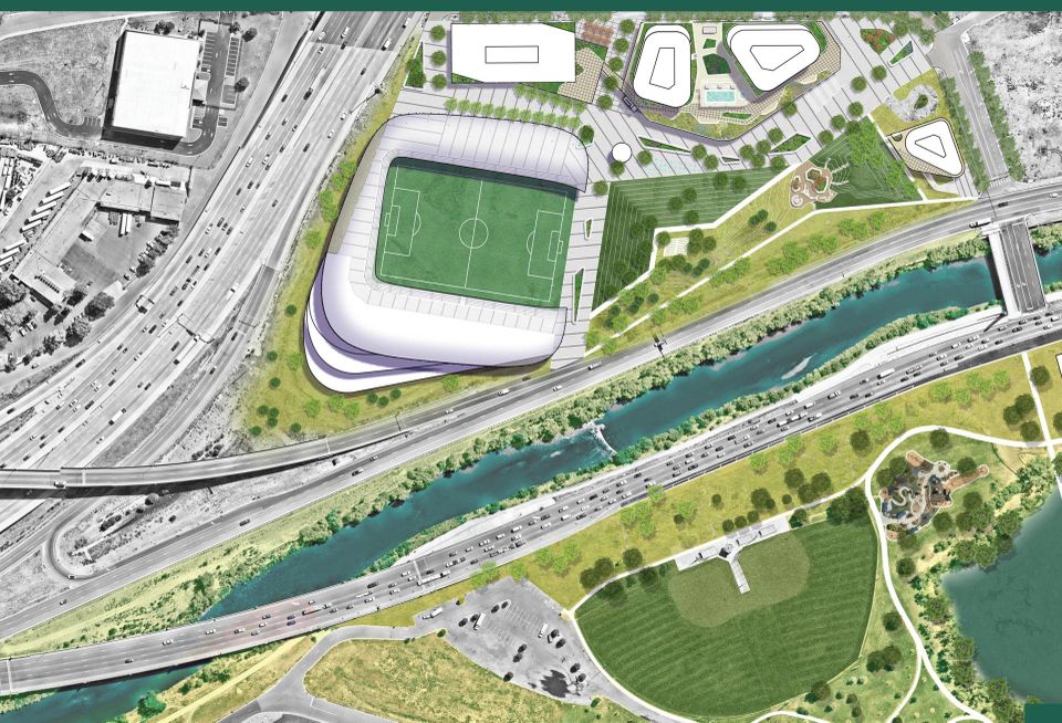 An aerial rendering of the proposed Denver NWSL stadium and surrounding district.
