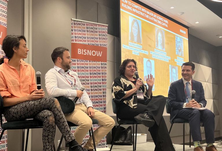 Himmel + Meringoff's Andrea Himmel, Linesight's Alan Harmon, New York City Economic Development Corporation's Susan Rosenthal and Herrick Feinstein's Patrick O'Sullivan on stage at Bisnow’s 2023 New York Life Sciences and Biotech Conference.