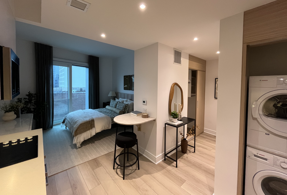 A view of one of Union Channel's studio units, which, like all the building's apartments, as its own in-unit washer and dryer.