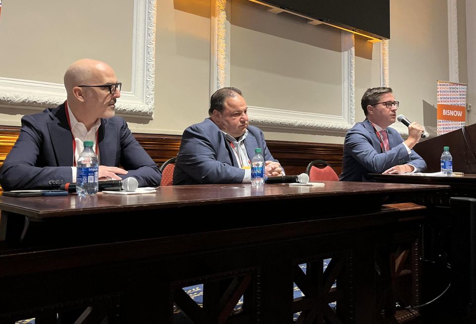 Lendlease's Layth Madi, Rose Associates' Chris Gibaldi and Herrick's Brendan Schmitt onstage at Bisnow's 2024 New York Construction & Development event.