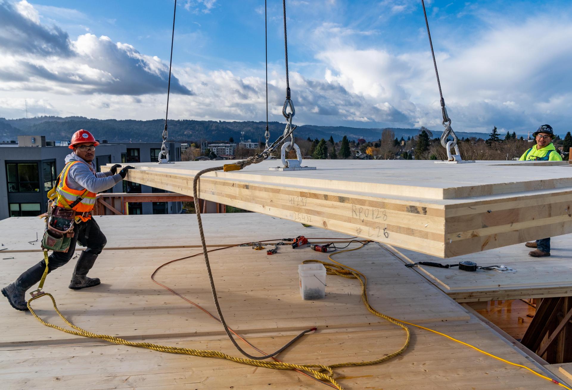 A cross-laminated timber panel being installed at The Canyons apartment community in Portland, Oregon.