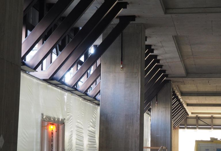 An architectural detail inside the Met Park 7/8 building in Amazon's HQ2 development.