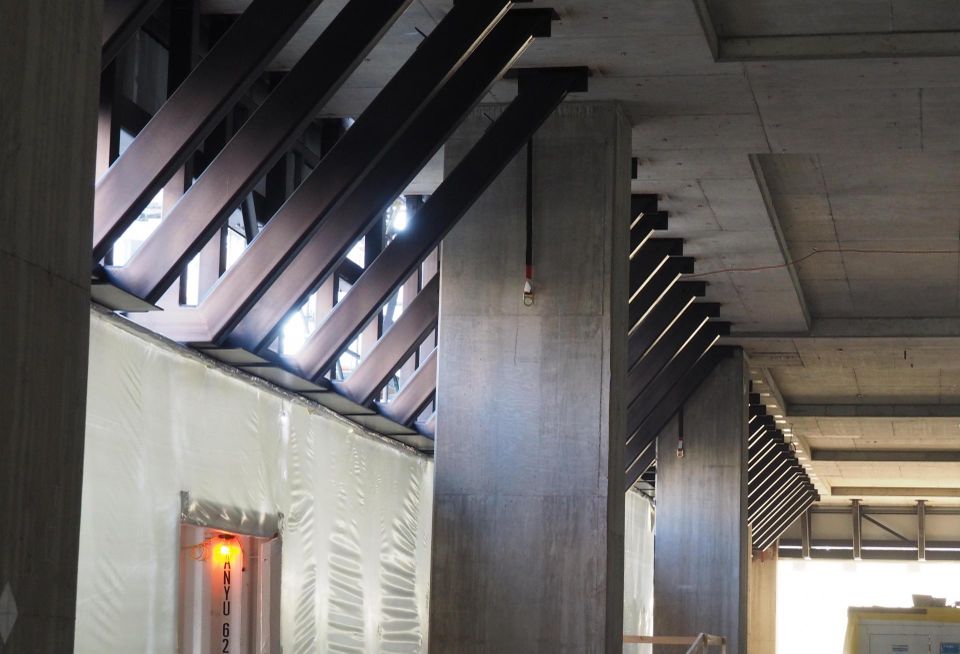 An architectural detail inside the Met Park 7/8 building in Amazon's HQ2 development.
