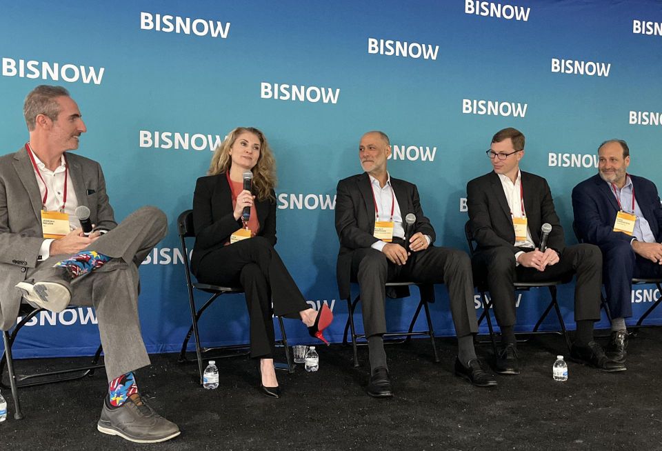 JLL's Jeremy Neuer, Silverstein Properties' Lisa Bevacqua, Tribeca Investment Group's Elliott Ingerman, Morgan Stanley Real Estate Investing's Patrick Keeley and TI Solutions LLC's Doug Lowenstein onstage at Bisnow's 2023 New York Office event.