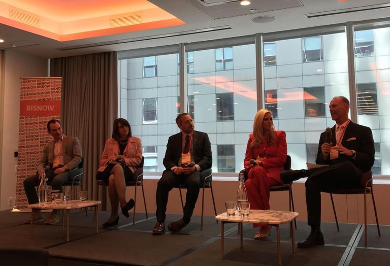Kastle's Bob DiProspero, Bozzuto Management Company's Nancy Goldsmith, FirstService Residential's Marc Kotler, AKAM's Elise Rosemarin and Herrick Feinstein's Bill Fried speak at Bisnow's Tri-State multifamily conference.
