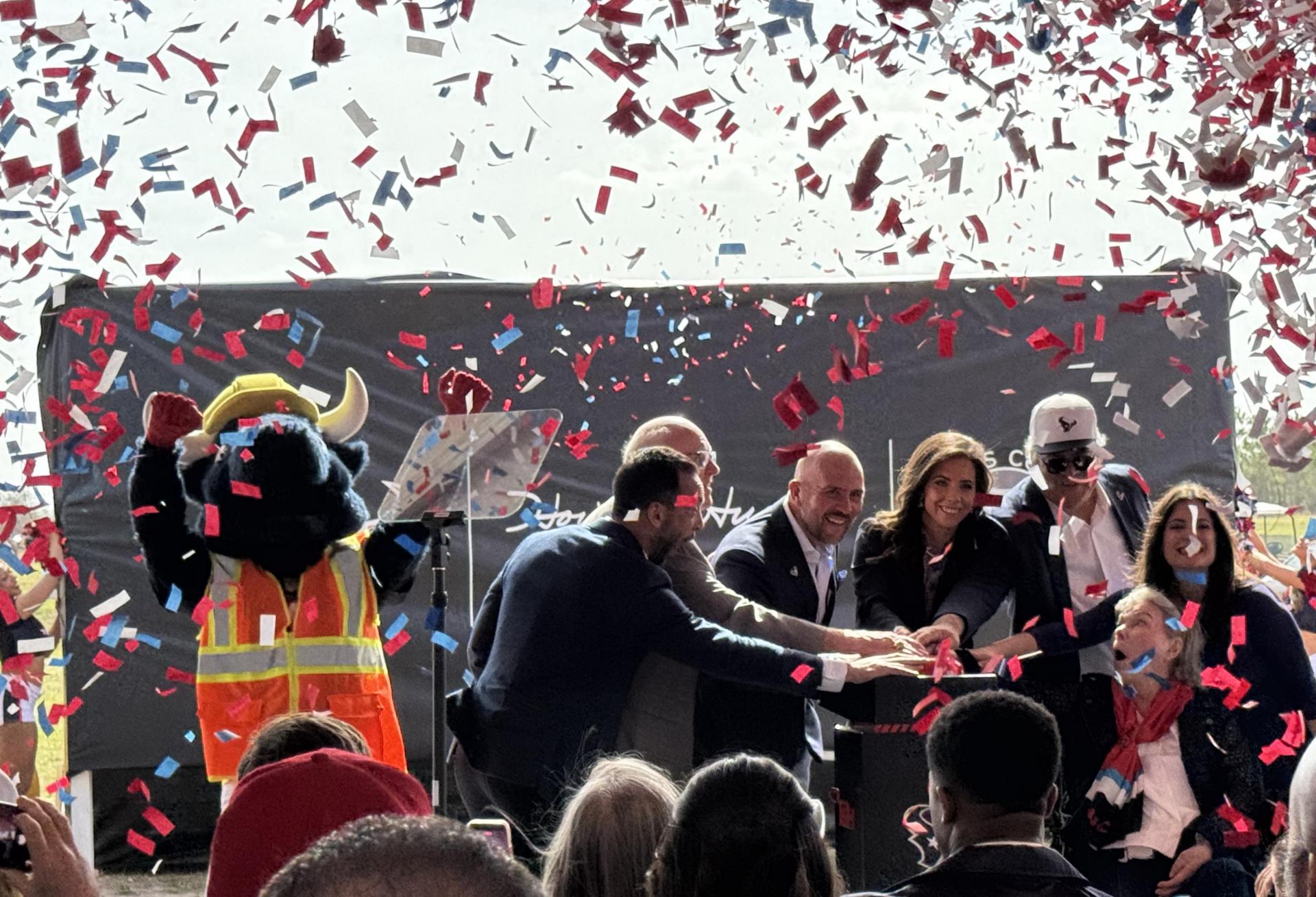 Houston Texans, Harris County and Howard Hughes officials celebrate the unveiling of Toro District renderings at an event in Bridgeland on Feb. 25, 2026.