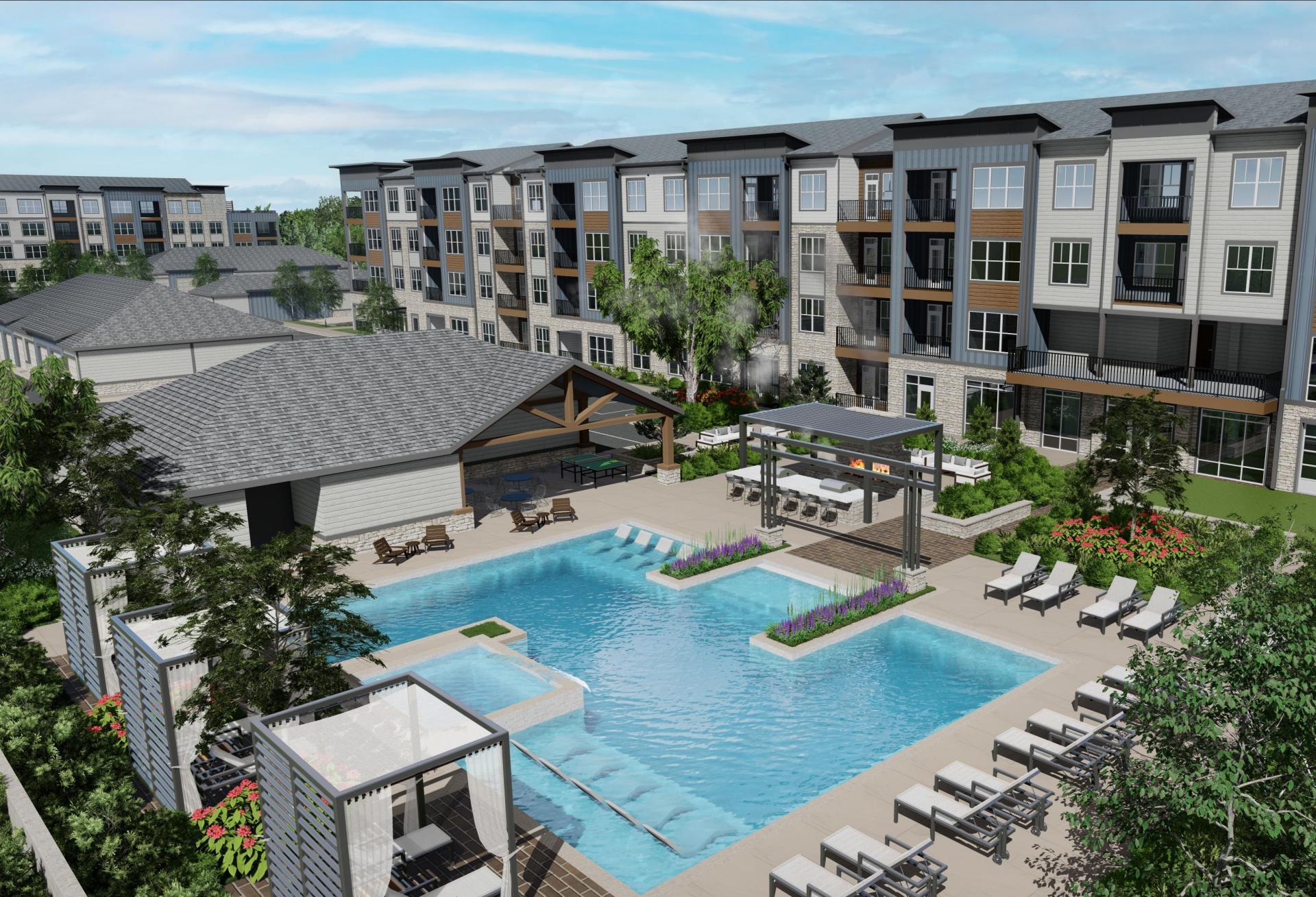 A rendering of the proposed Stack at Wheat Ridge multifamily community with the swimming pool featured prominently surrounded by multicolored apartment buildings.