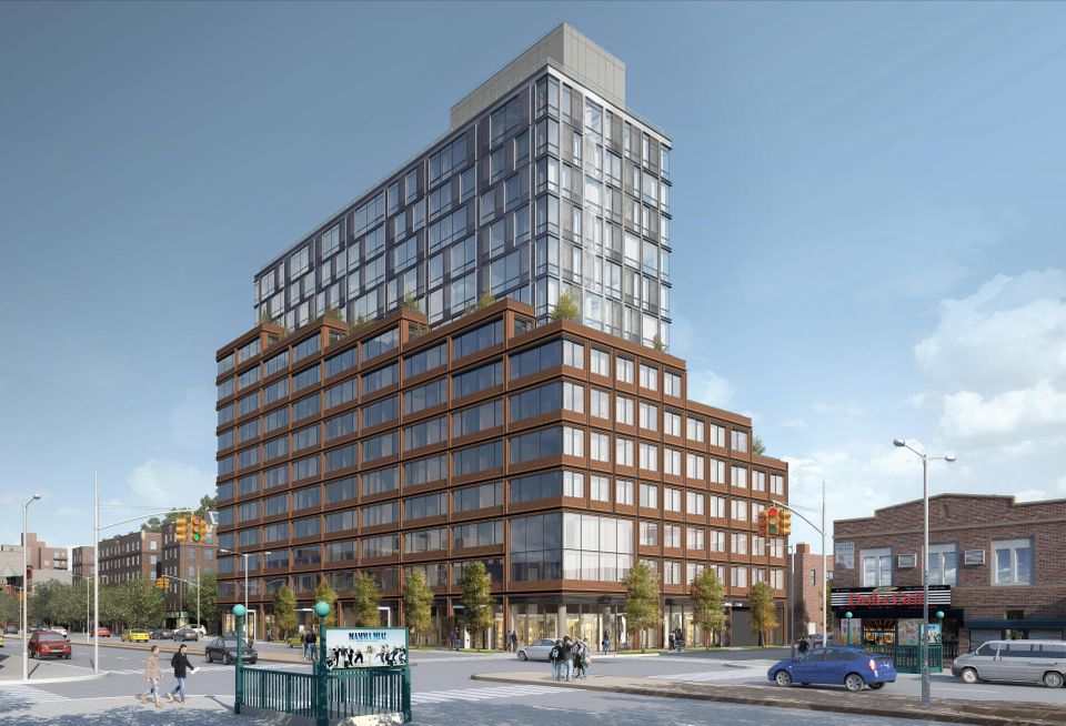 A rendering of One Sunset, a 187-unit development in Sunset Park that topped out last year.