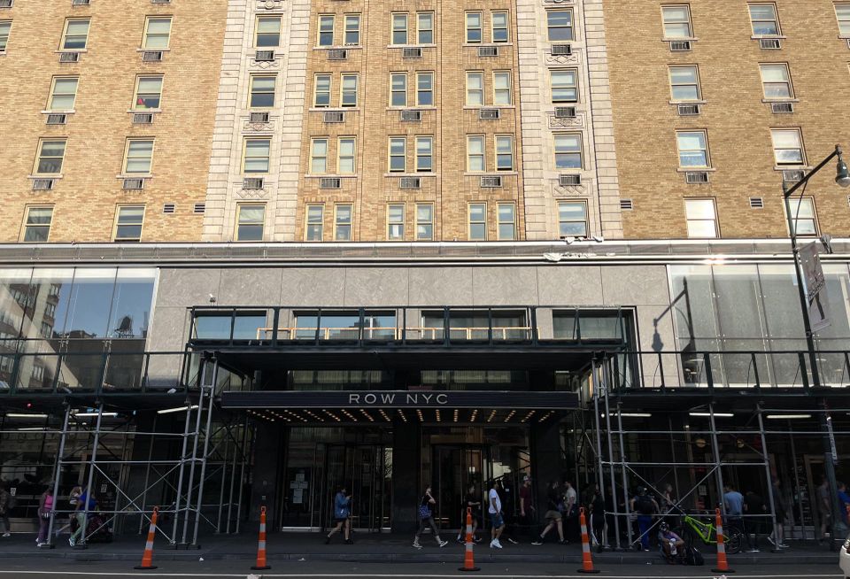 The 1,331-key Row NYC hotel, at 700 Eight Ave., which is currently being used as a shelter for 900 of the city's newly arrived migrants.