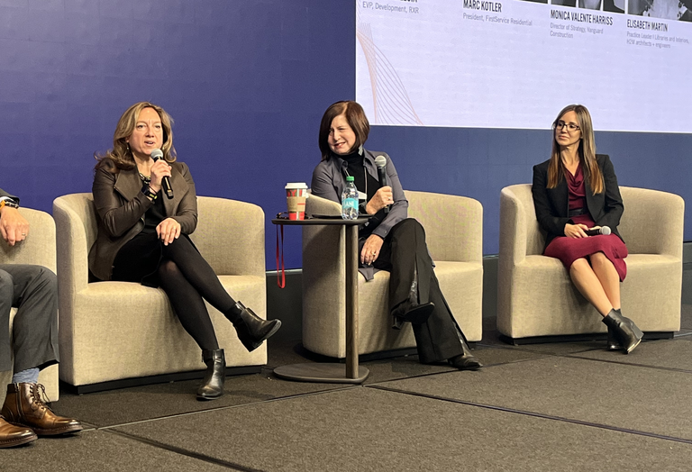 RXR's Rebecca D'Eloia, H2M architects + engineers' Elisabeth Martin and FirstService Residential's Monica Valente Harriss onstage at Bisnow's 2025 New York City State of the Market event.
