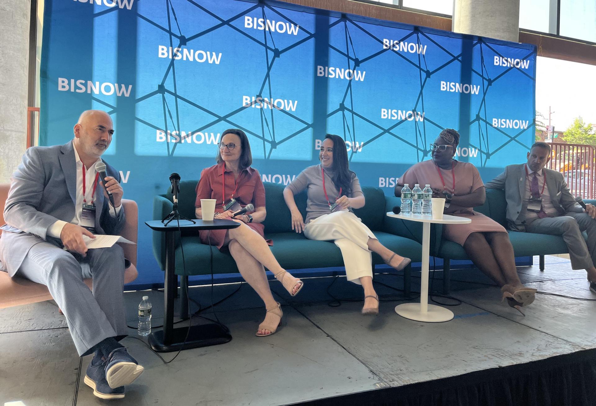 Herrick Feinstein's Mitch Korbey, Downtown Brooklyn Partnership's Regina Myer, NYC EDC's Sabrina Lippman, Bedford-Stuyvesant Restoration Corporation's Blondell Pinnock and Ariel Property Advisors' Sean Kelly on stage at Bisnow's 2023 Brooklyn State Of The Market event.
