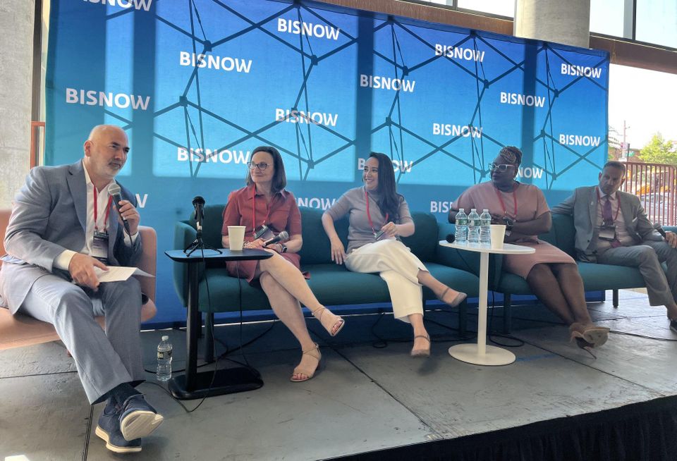 Herrick Feinstein's Mitch Korbey, Downtown Brooklyn Partnership's Regina Myer, NYC EDC's Sabrina Lippman, Bedford-Stuyvesant Restoration Corporation's Blondell Pinnock and Ariel Property Advisors' Sean Kelly on stage at Bisnow's 2023 Brooklyn State Of The Market event.