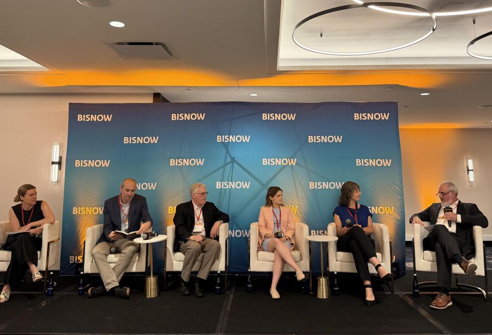 Jamestown's Carrie Denning Jackson, Goldman Copeland's Tristan Schwartzman, Tishman Speyer's Paul Rode, Bright Power's Amanda Clevinger, L+M Development Partners' Laura Humphrey and Windels Marx's  Michael Clain onstage at Bisnow's 2026 National Energy and Sustainability conference.