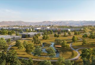 A rendering of the Redtail Ridge development featuring industrial space, offices, and green space.