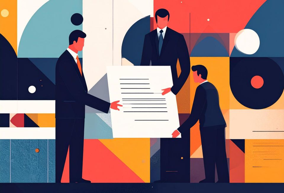 Abstract Art of Businessmen fighting over paperwork