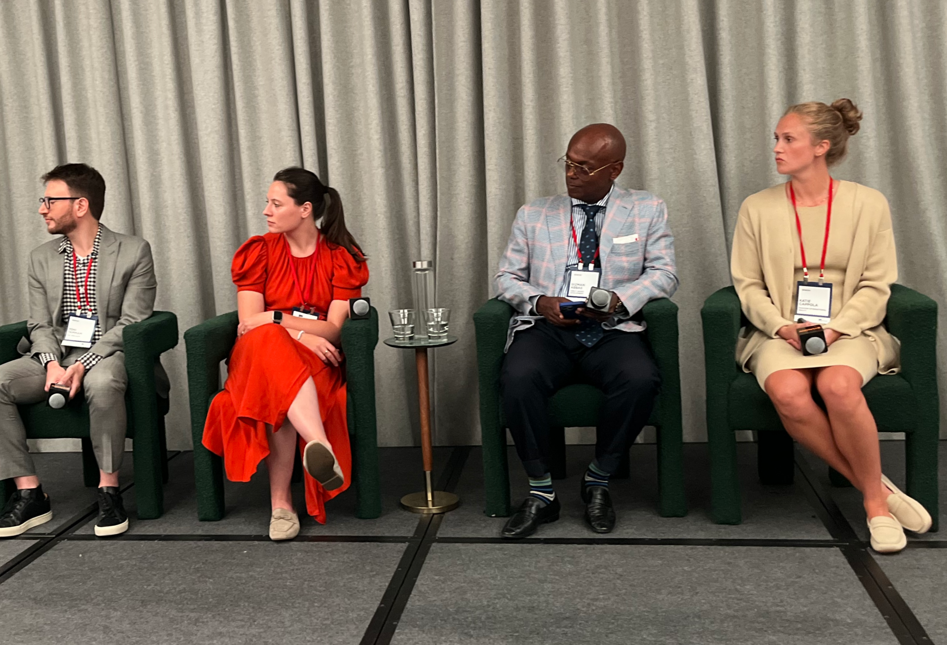 CAC Specialty's Yoni Tammam, Galvanize Climate Solutions' Nadine Anderson, Direct Invest Development's Gizman Abbas and Madison International Realty's Katie Cappola onstage at Bisnow's 2025 National Sustainability and Energy Conference.