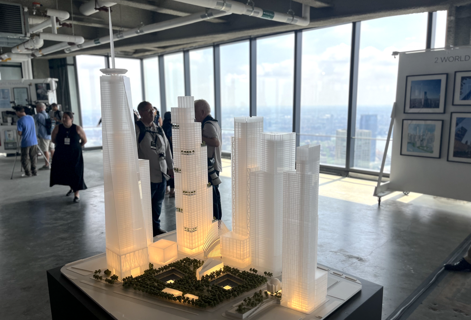 A model of the fully completed World Trade Center campus, with 2 WTC in the center.